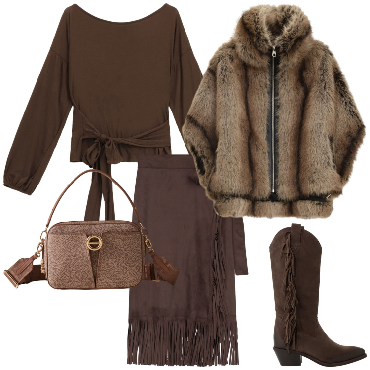 Outfit donna - Un gioco di frange. Stile Glamour per Serata fuori. Abbinamento con borse a spalla, blazer, gonne, top, stivali.