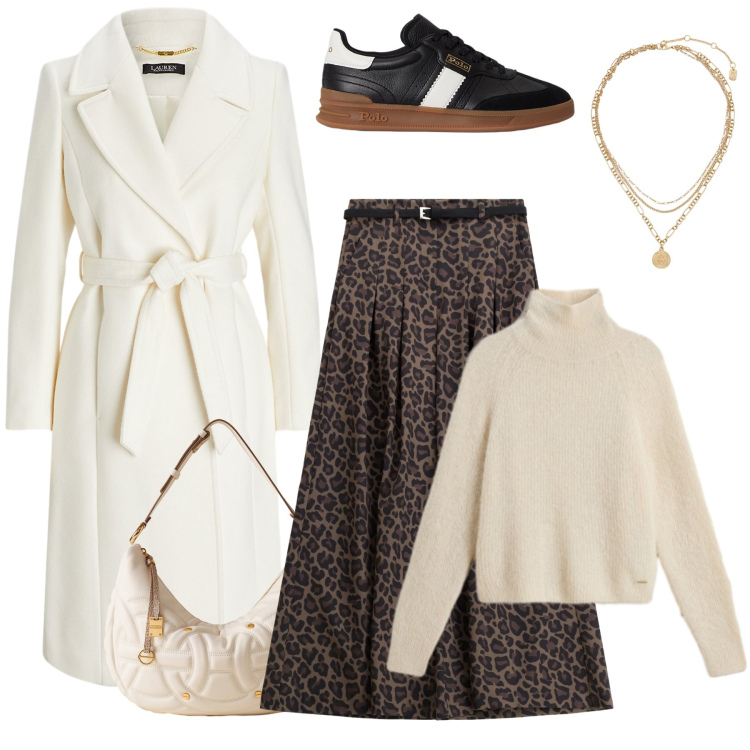 Outfit donna - Animalier chic. Stile Chic per Ufficio. Abbinamento con pantaloni, borse a spalla, cappotti, sneakers, ciondoli, maglieria.