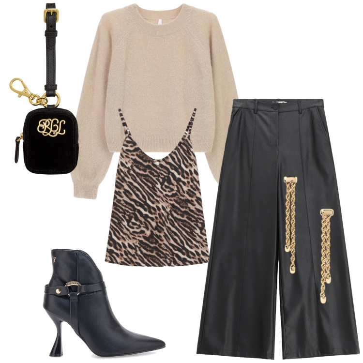 Outfit donna - Total look #2284195. Stile Casual chic per Serata fuori. Abbinamento con pantaloni, maglieria, top, pochette, orecchini, stivaletti.