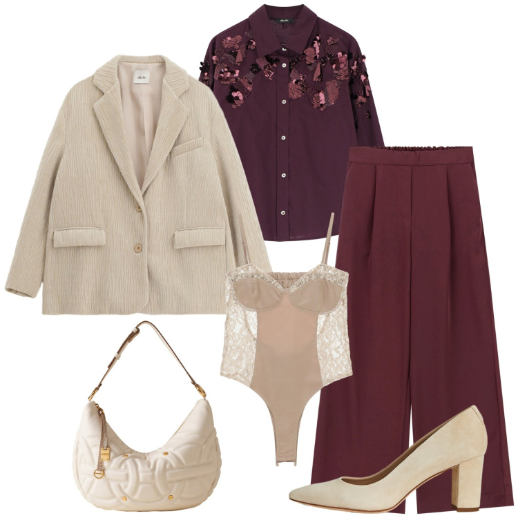 Outfit donna - Total look #2284196. Stile Bon Ton per Serata fuori. Abbinamento con borse a spalla, blazer, pantaloni a palazzo, body, camicie, décolleté.