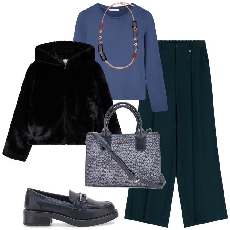 Outfit donna - Total look #2284198. Stile Casual per Tutti i giorni. Abbinamento con t-shirt, ecopellicce, pantaloni a palazzo, borse a tracolla, mocassini, collane.