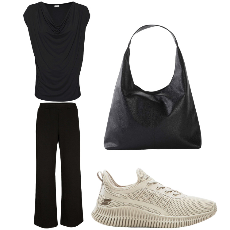 Outfit donna - Aperitivo. Stile Trendy per Tutti i giorni. Abbinamento con sneakers, maglieria, pantaloni a palazzo, shopping bag.