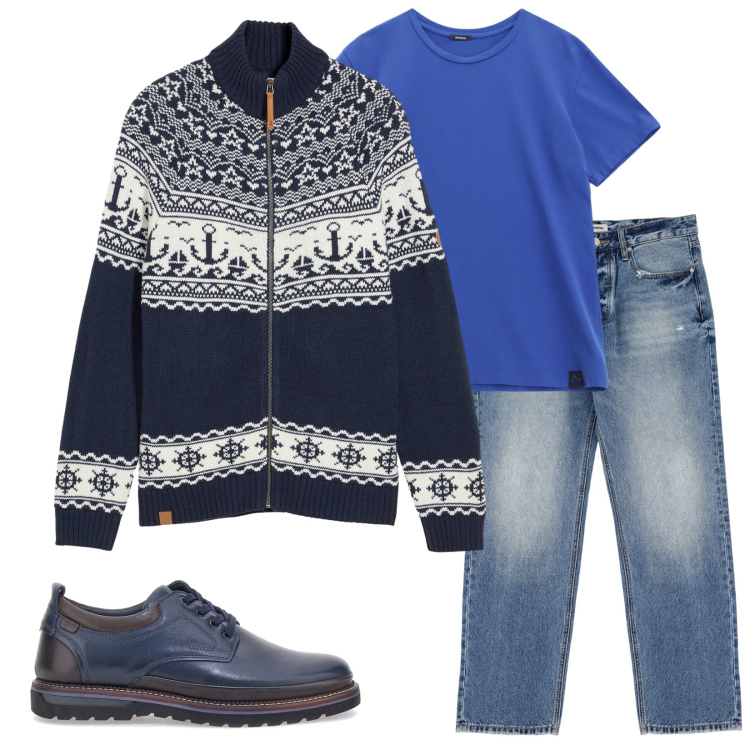 Outfit uomo - Total look #2284209. Stile Casual per Tutti i giorni. Abbinamento con cardigans, jeans, t-shirt, scarpe stringate.