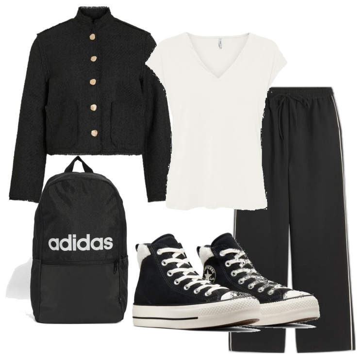 Outfit mujer - Sporty chic #3670. Estilo Sporty chic para Todos los días. Combinación con pantalones, blazers, camiseta, sneakers, mochilas.