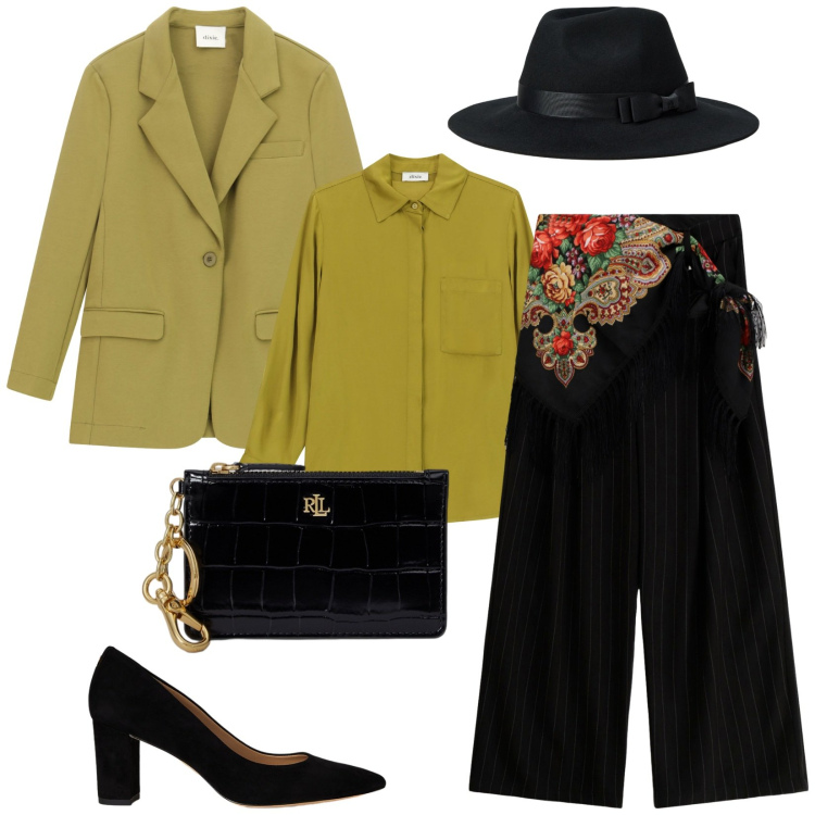 Outfit donna - Total look #2284213. Stile Chic per Cerimonia. Abbinamento con pantaloni a palazzo, blazer, camicie, décolleté, portafogli, cappelli.