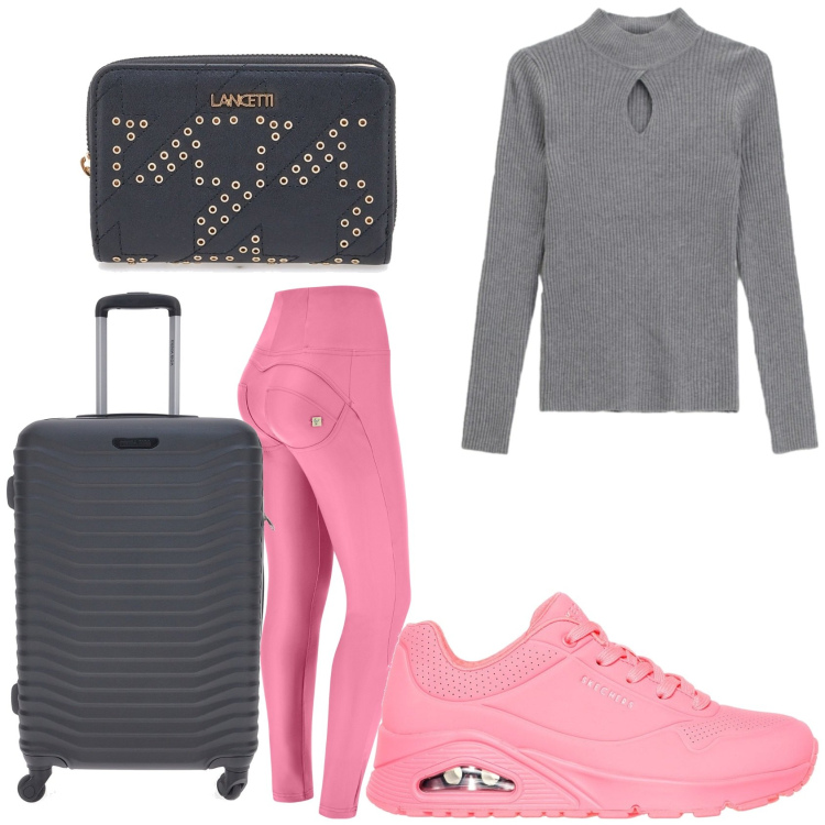 Outfit donna - In viaggio in rosa e grigio. Stile Minimal per Tutti i giorni. Abbinamento con maglieria, pantaloni skinny, sneakers, portafogli, valigie.
