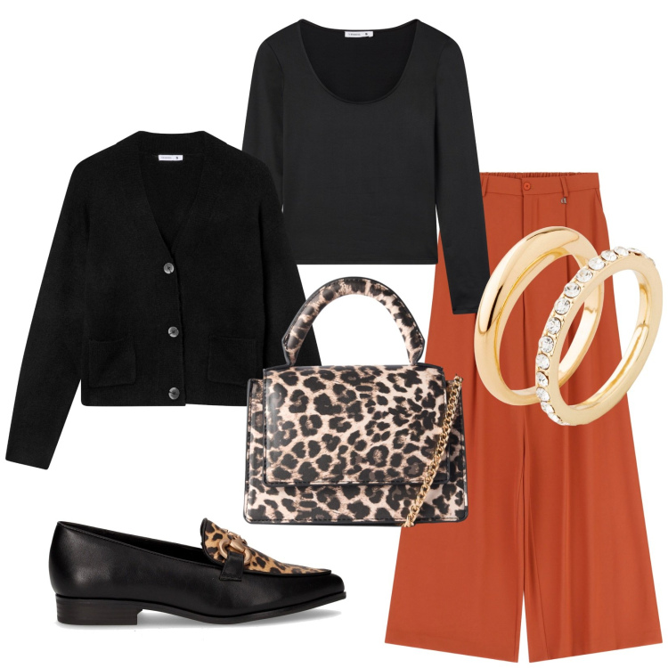 Outfit donna - Total look #2284217. Stile Chic per Serata fuori. Abbinamento con anelli, t-shirt, borse a tracolla, cardigans, pantaloni a palazzo, mocassini.