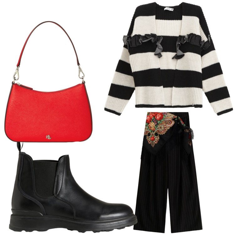 Outfit donna - Le righe sono di moda. Stile Basic per Ufficio. Abbinamento con cardigans, pantaloni a palazzo, borse a spalla, stivaletti.