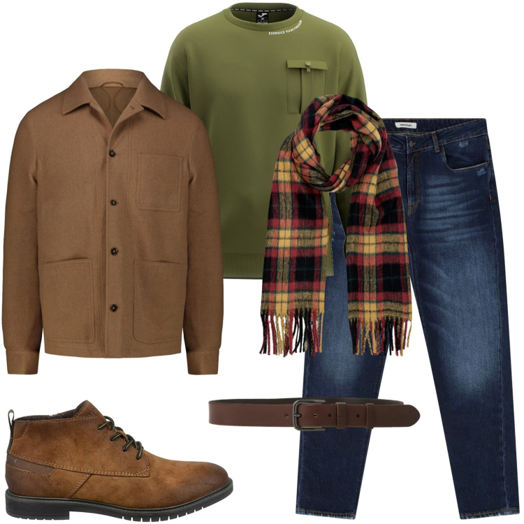Outfit uomo - Weekend in città. Stile Casual per Tutti i giorni. Abbinamento con jeans dritti, cinture, felpe, sciarpe, cappotti, scarpe stringate.