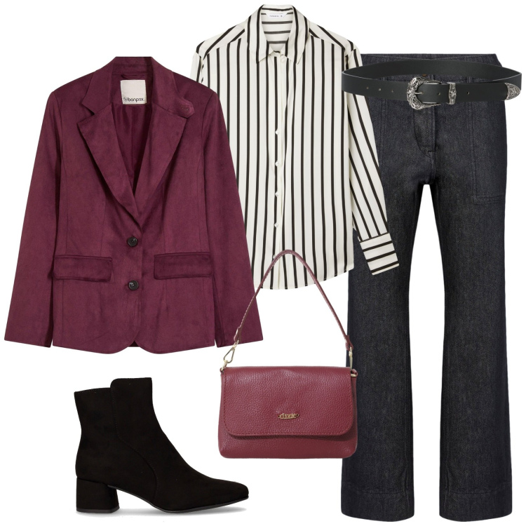 Outfit donna - Total look #2284223. Stile Casual chic per Tutti i giorni. Abbinamento con blazer, camicie, cinture, borse a tracolla, pantaloni, stivaletti.