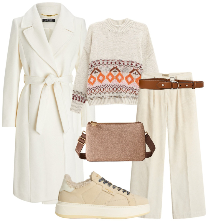 Outfit donna - Total look #2284226. Stile Casual chic per Tutti i giorni. Abbinamento con maglieria, borse a tracolla, cappotti, cinture, pantaloni, sneakers.