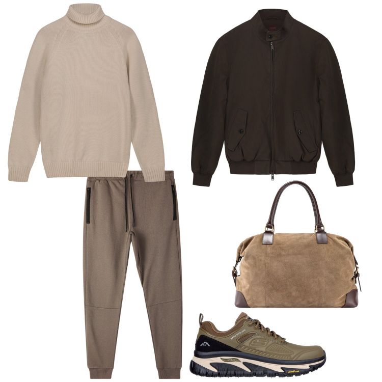 Outfit uomo - Week end in libertà. Stile Casual per Sport. Abbinamento con pantaloni sportivi, scarpe sportive, borse sportive, pullovers, bomber.