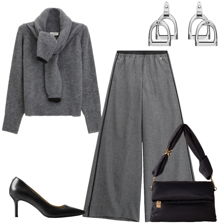 Outfit donna - Total look #2284234. Stile Bon Ton per Ufficio. Abbinamento con pantaloni, borse a tracolla, maglieria, décolleté, orecchini.