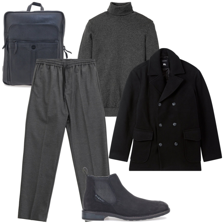 Outfit uomo - L’eleganza del grigio. Stile Casual per Ufficio. Abbinamento con maglieria, caban, pantaloni, stivali e stivaletti, borse sportive.