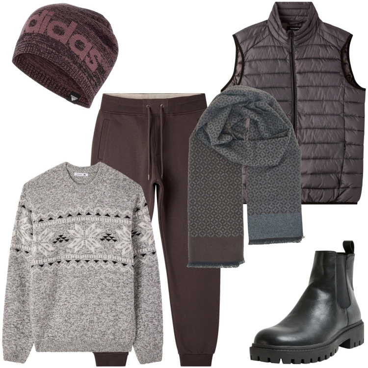 Outfit uomo - Serata al pub. Stile Casual per Serata speciale. Abbinamento con stivali e stivaletti, piumini, pantaloni, maglieria, sciarpe, berretti.