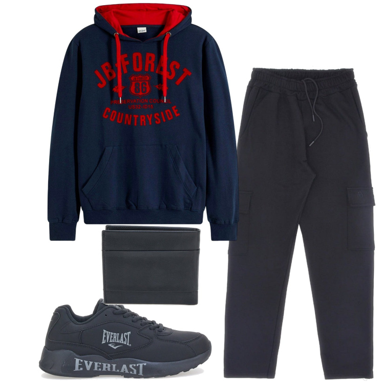 Outfit uomo - Total look #2284244. Stile Trendy per Sport. Abbinamento con felpe con cappuccio, portafogli, pantaloni cargo, sneakers.