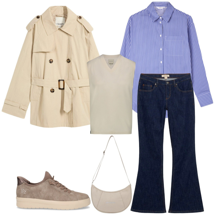 Outfit donna - Total look #2284245. Stile Casual chic per Tutti i giorni. Abbinamento con jeans a zampa, trench, camicie, borse a spalla, maglieria, sneakers.