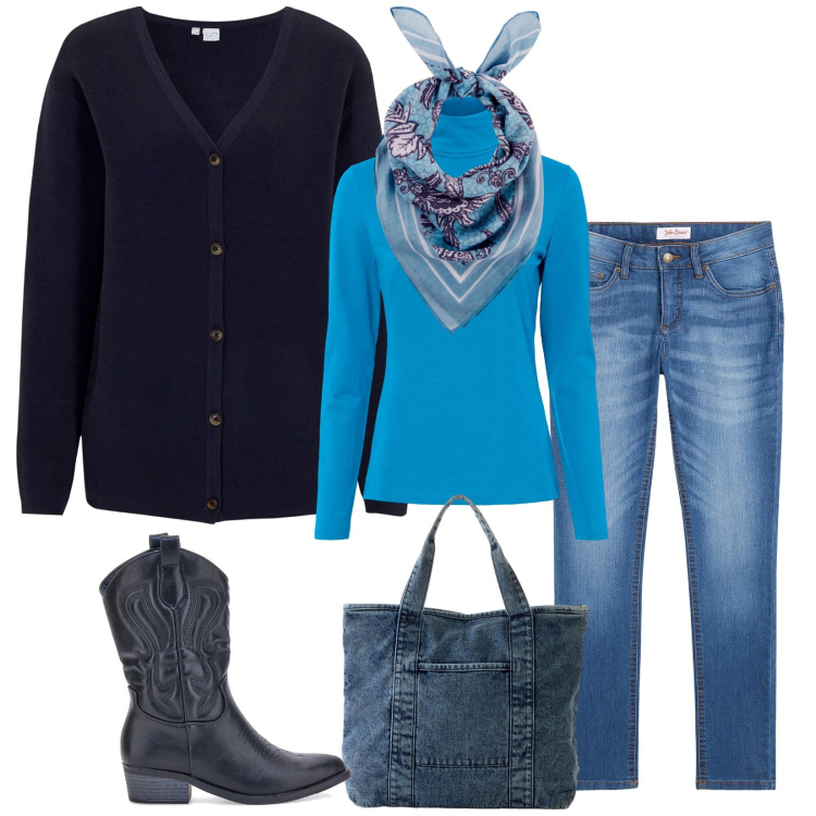 Outfit donna - Total look #2284271. Stile Casual chic per Tutti i giorni. Abbinamento con jeans skinny, foulard, maglieria, cardigans, shopping bag, stivaletti texani.