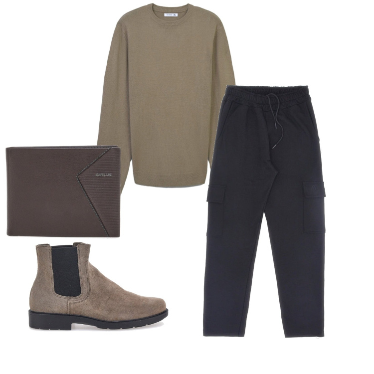 Outfit uomo - Total look #2284293. Stile Trendy per Tutti i giorni. Abbinamento con maglieria, stivali e stivaletti, portafogli, pantaloni cargo.