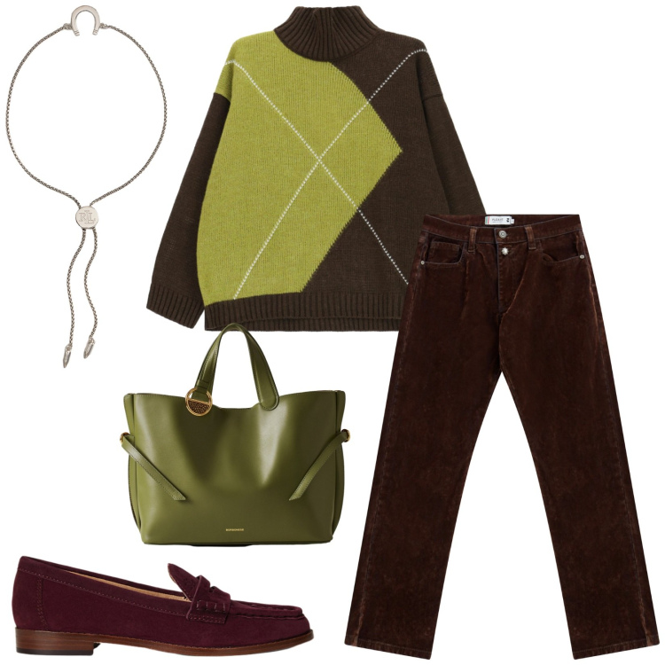 Outfit donna - Total look #2284300. Stile Casual chic per Tutti i giorni. Abbinamento con pantaloni, maglieria, shopping bag, mocassini, braccialetti con ciondoli.