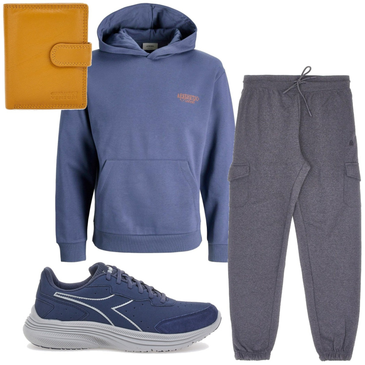Outfit uomo - Total look #2284304. Stile Urban per Sport. Abbinamento con felpe con cappuccio, portafogli, pantaloni cargo, sneakers.
