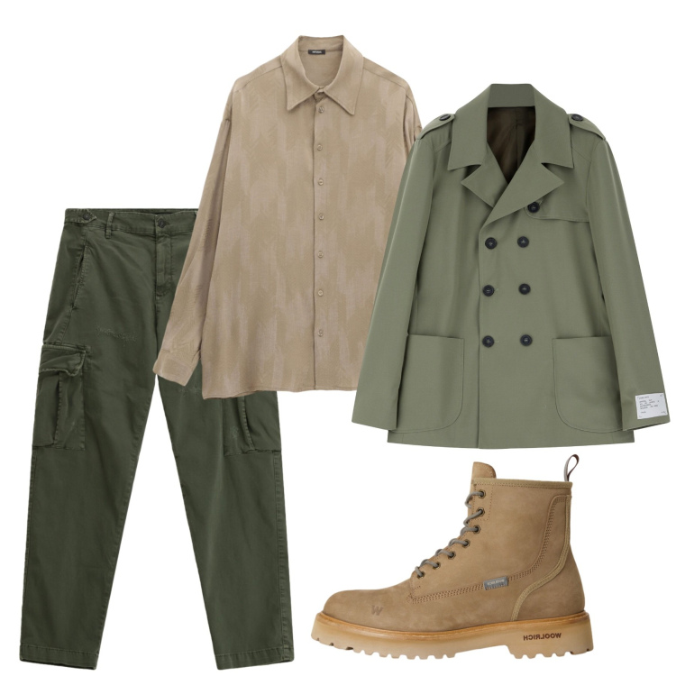 Outfit uomo - Novembre. Stile Casual per Tutti i giorni. Abbinamento con camicie, giacche, pantaloni cargo, anfibi.