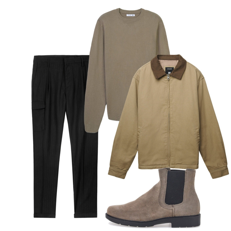 Outfit uomo - Novembre. Stile Casual per Tutti i giorni. Abbinamento con maglieria, cappotti, stivali e stivaletti, pantaloni cargo.