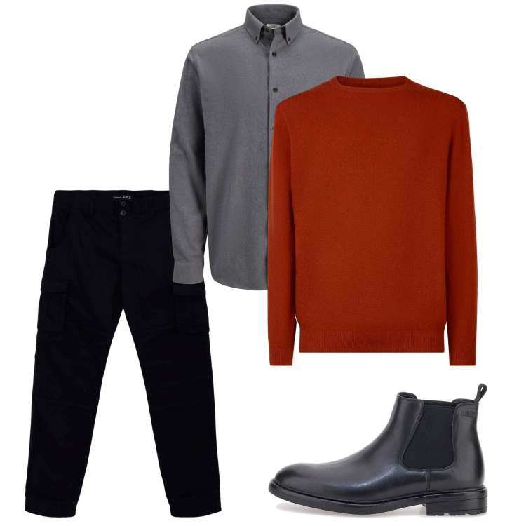 Outfit uomo - Total look. Stile Casual per Tutti i giorni. Abbinamento con camicie, pantaloni cargo, stivali e stivaletti, maglieria.