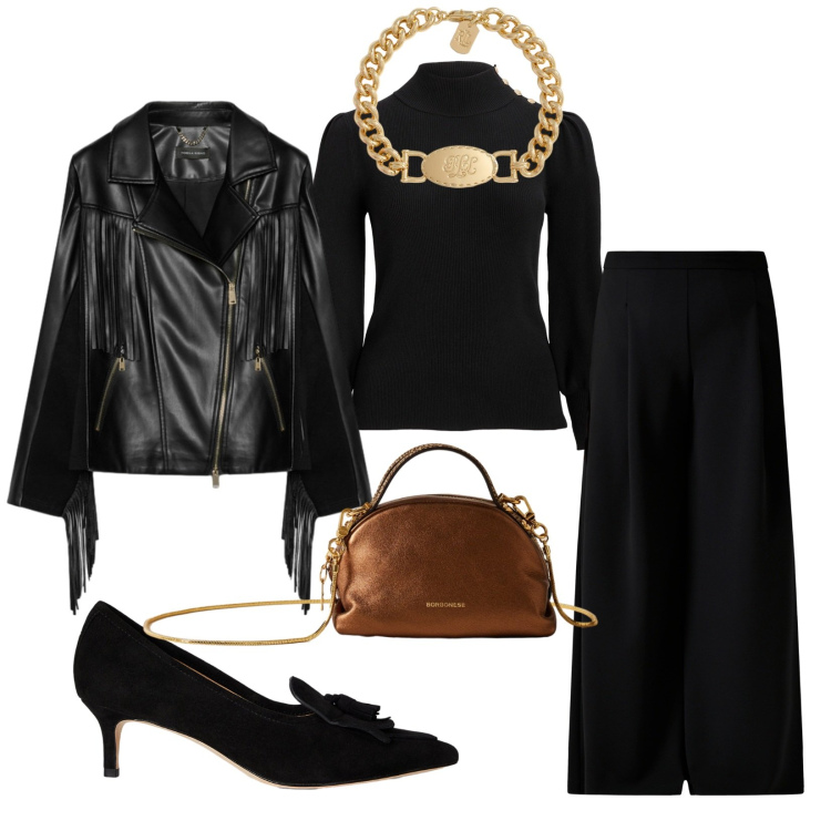 Outfit donna - Total look #2284312. Stile Chic per Serata fuori. Abbinamento con pantaloni a palazzo, borse a mano, braccialetti, décolleté, maglieria, giacche.