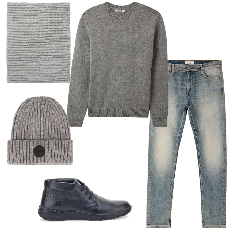 Outfit uomo - Total look #2284315. Stile Casual per Tutti i giorni. Abbinamento con maglieria, jeans skinny, scaldacollo, cappelli, scarpe stringate.