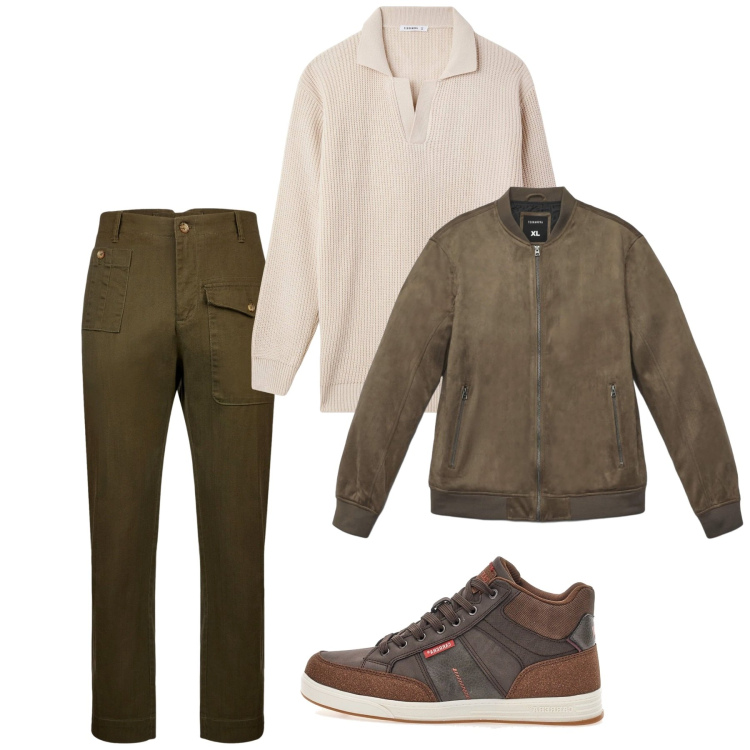 Outfit uomo - Novembre. Stile Casual per Tutti i giorni. Abbinamento con giacche, maglieria, sneakers alte, pantaloni.