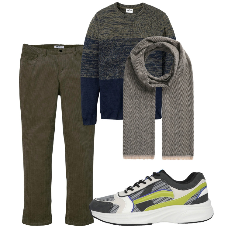 Outfit uomo - Casual. Stile Casual per Tutti i giorni. Abbinamento con maglieria, pantaloni, sciarpe, sneakers.