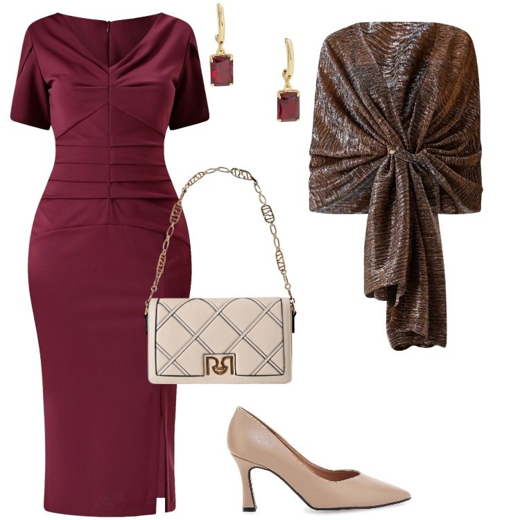 Outfit donna - Total look #2284322. Stile Chic per Cerimonia. Abbinamento con vestiti midi/longuette, borse a tracolla, stole, orecchini, décolleté.