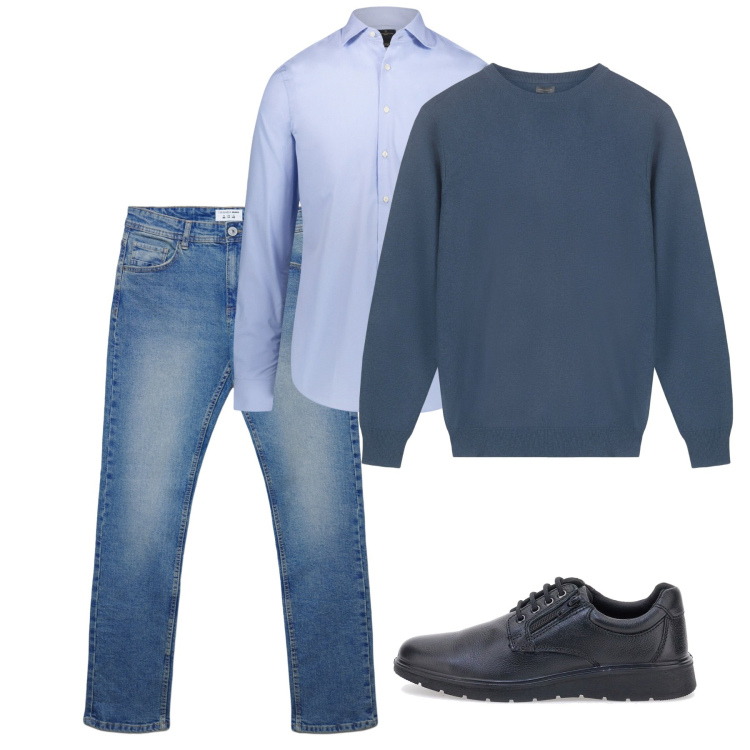 Outfit uomo - Novembre. Stile Casual per Tutti i giorni. Abbinamento con jeans dritti, scarpe stringate, camicie, maglieria.