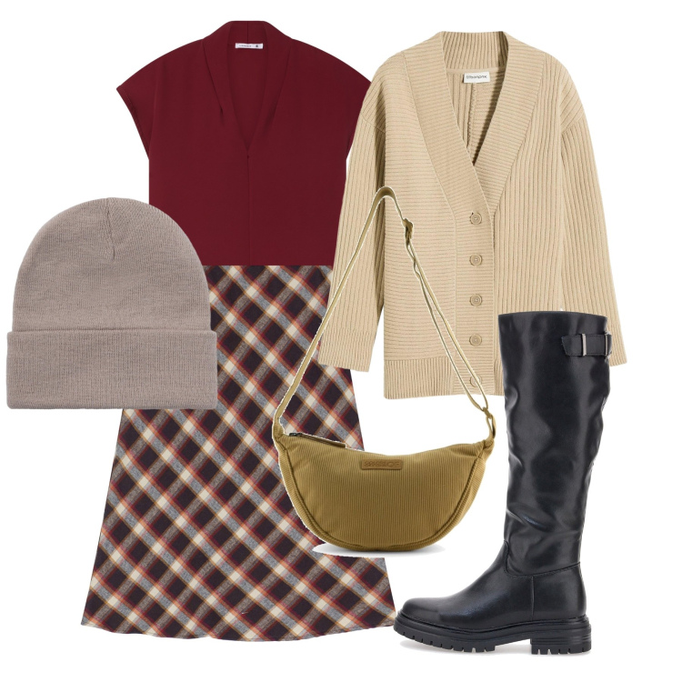 Outfit donna - Tartan. Stile Bon Ton per Tutti i giorni. Abbinamento con cardigans, berretti, bluse, gonne, borse a tracolla, stivali sopra il ginocchio.