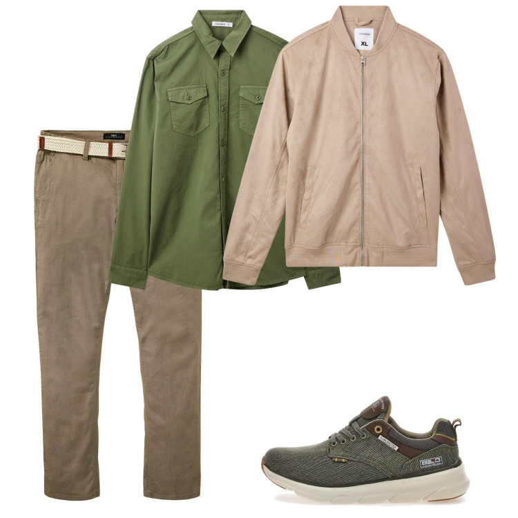 Outfit uomo - Fall. Stile Casual per Tutti i giorni. Abbinamento con pantaloni chino, bomber, camicie, sneakers.