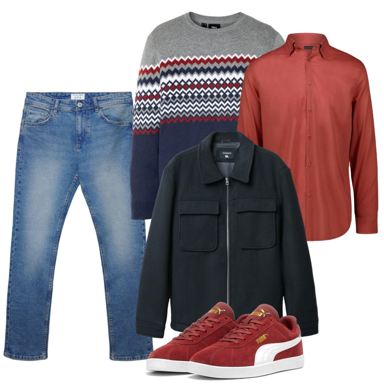 Outfit uomo - Novembre. Stile Casual per Tutti i giorni. Abbinamento con maglieria, cappotti, jeans dritti, sneakers, camicie.