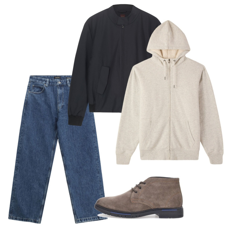 Outfit uomo - Autunno. Stile Casual per Tutti i giorni. Abbinamento con felpe con cappuccio, jeans, scarpe stringate, bomber.