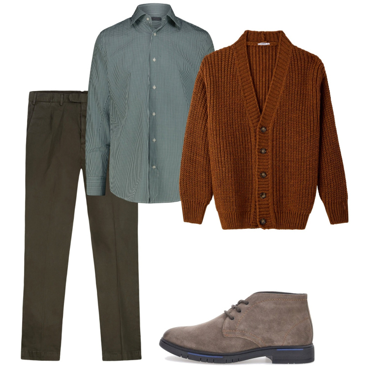 Outfit uomo - I colori di novembre. Stile Casual per Tutti i giorni. Abbinamento con cardigans, camicie, scarpe stringate, pantaloni.