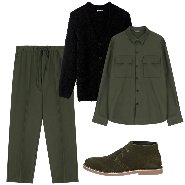 Outfit uomo - Autunno. Stile Casual per Tutti i giorni. Abbinamento con cardigans, camicie, pantaloni, stivali e stivaletti.