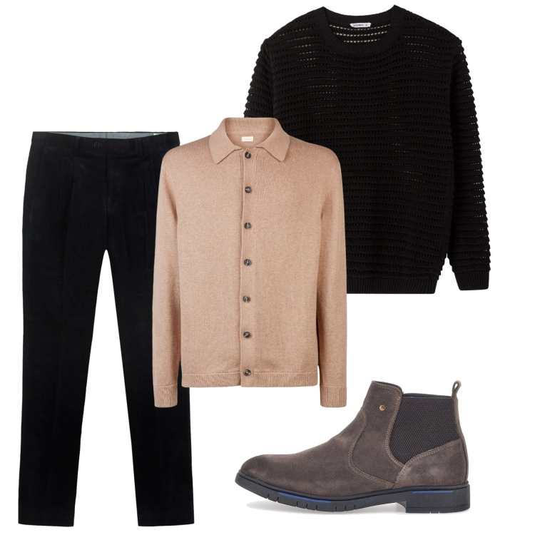 Outfit uomo - Autunno. Stile Casual per Tutti i giorni. Abbinamento con maglieria, stivali e stivaletti, polo, pantaloni.
