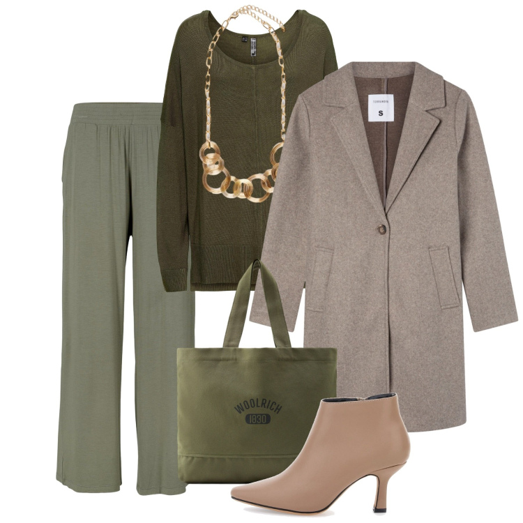 Outfit donna - Oliva. Stile Bon Ton per Ufficio. Abbinamento con pantaloni, maglieria, cappotti, borse tote, stivaletti, collane.