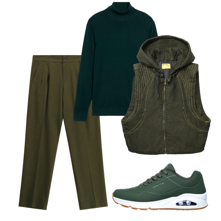 Outfit uomo - So much green. Stile Casual per Tutti i giorni. Abbinamento con maglieria, gilet, pantaloni, sneakers.