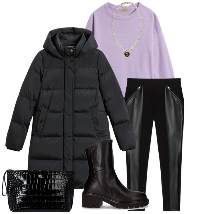 Outfit donna - Total look #2284352. Stile Casual per Tutti i giorni. Abbinamento con ciondoli, pochette, piumini, maglieria, leggings, stivaletti.