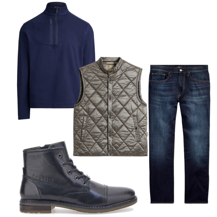 Outfit uomo - Total look #2284359. Stile Casual per Tutti i giorni. Abbinamento con jeans dritti, pullovers, gilet, stivali e stivaletti.