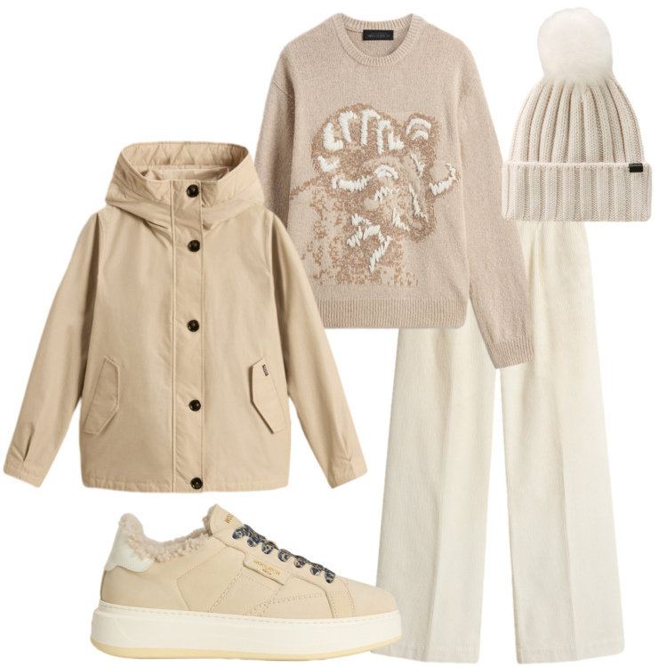 Outfit donna - Woolrich Black Friday. Stile Casual chic per Tutti i giorni. Abbinamento con sneakers, berretti, pantaloni, maglieria, blazer.