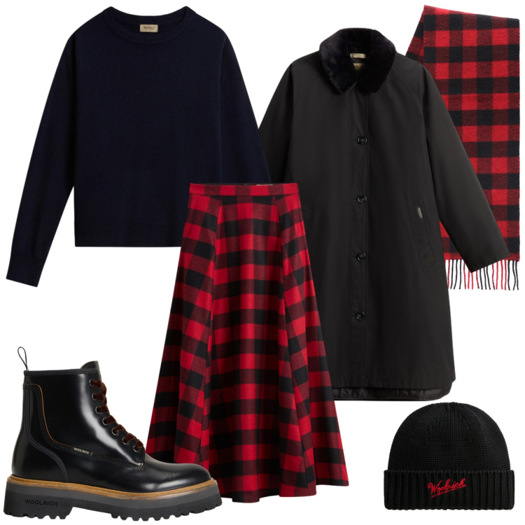 Outfit donna - Woolrich Black Friday. Stile Casual chic per Tutti i giorni. Abbinamento con gonne lunghe, maglieria, cappotti, anfibi, sciarpe, berretti.