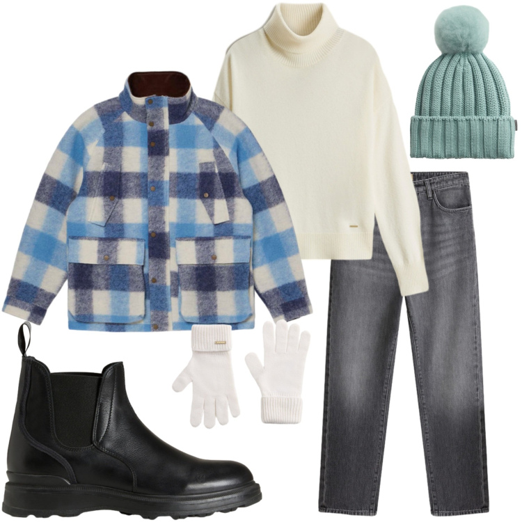 Outfit donna - Woolrich Black Friday. Stile Casual chic per Tutti i giorni. Abbinamento con stivaletti, parka, maglieria, jeans, guanti, berretti.