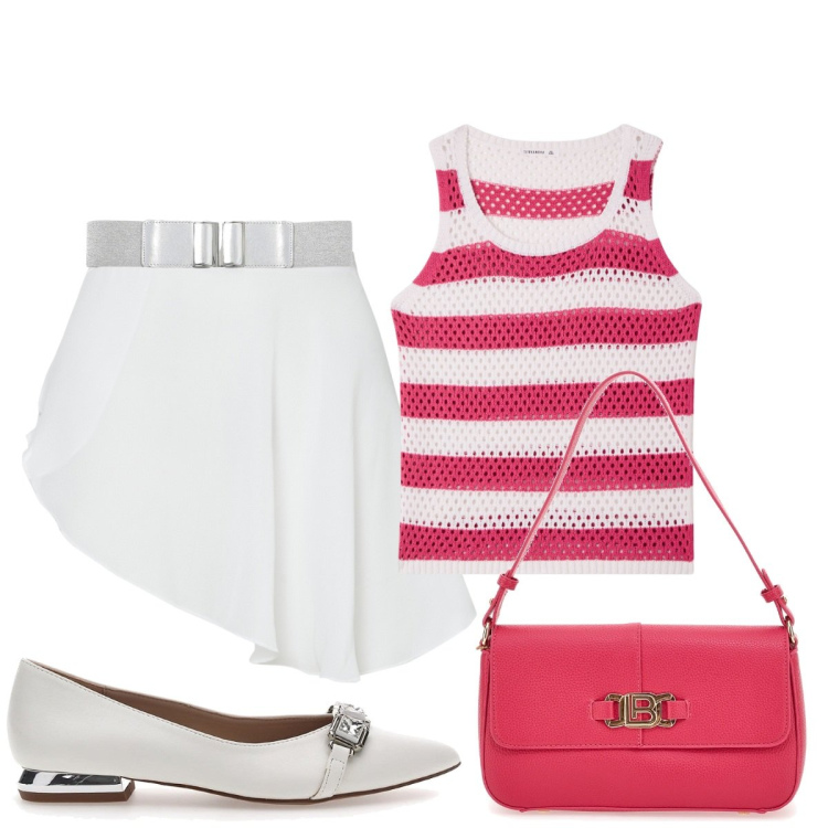 Outfit donna - Giornata estiva senza sentire troppo cal. Stile Casual chic per Tutti i giorni. Abbinamento con top, cinture, minigonne, ballerine, borse a spalla.