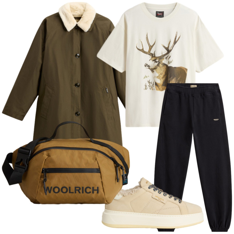 Outfit donna - I love Woolrich looks. Stile Casual chic per Tutti i giorni. Abbinamento con borse a tracolla, sneakers, t-shirt, cappotti, pantaloni.